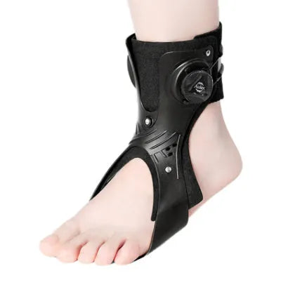 Grey and black ankle fixation brace with an airbag button, shown in left and right versions.