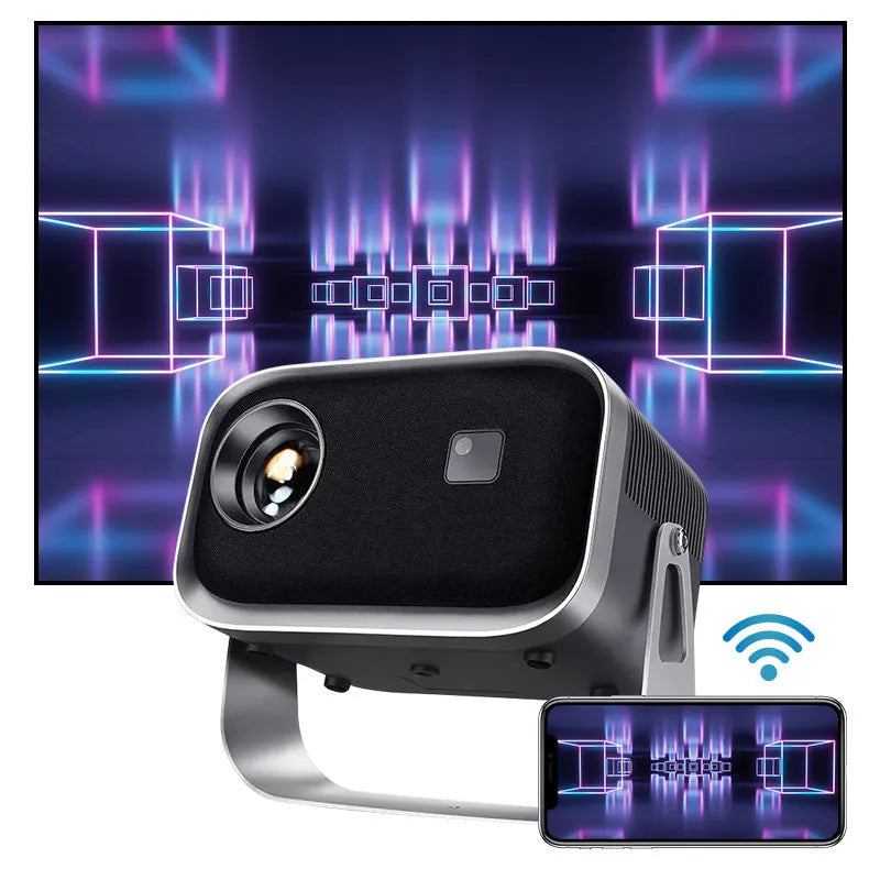 Home HD Portable Projector with bracket on table showing movie scene on wall