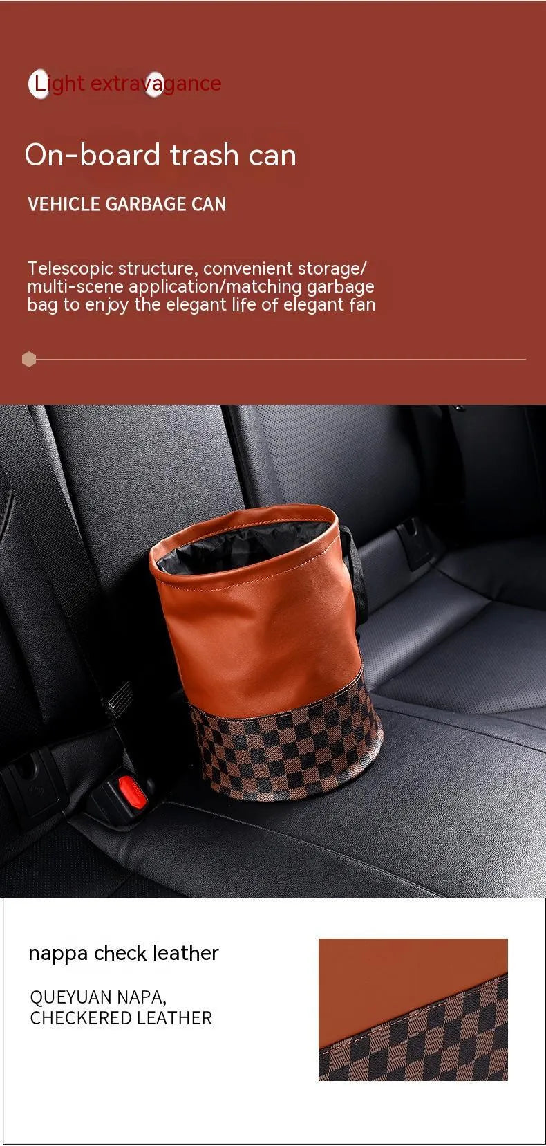 Retractable leather interior car trash can with handle shown in vehicle