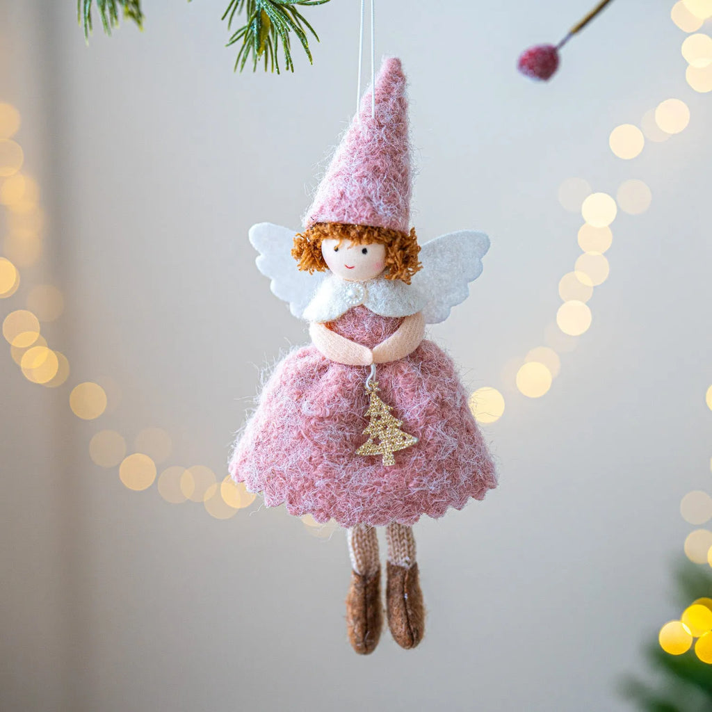 White cloth angel skirt felt pendant ornament with plush construction and hanging loop
