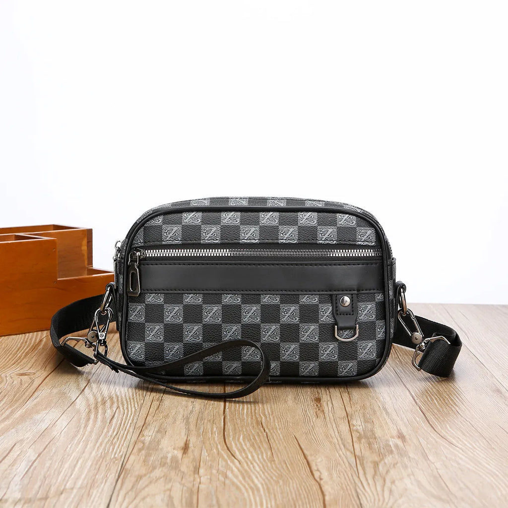 Men's geometric pattern PU leather shoulder messenger bag in horizontal design with handheld option
