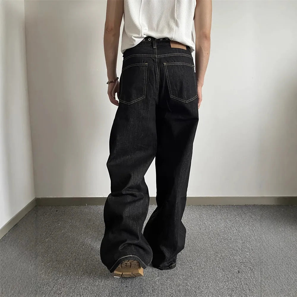 Black retro straight-leg wide-leg jeans with zip fly on mid-waist
