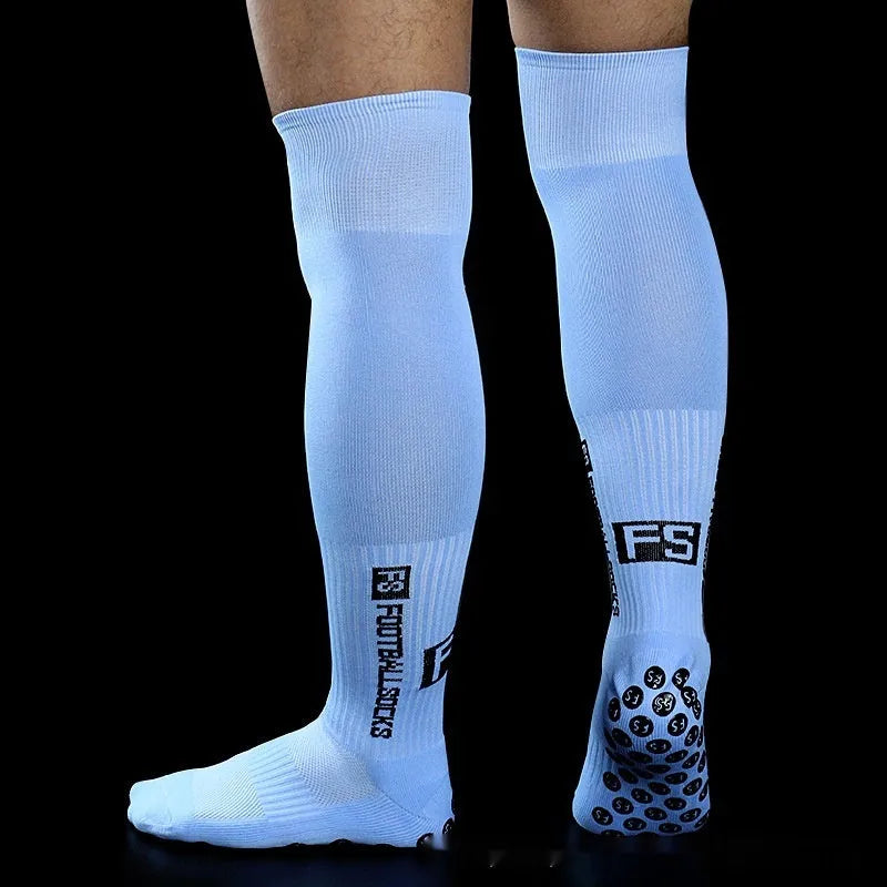 Anti-slip knee-length polyester soccer socks in black for football match and training use