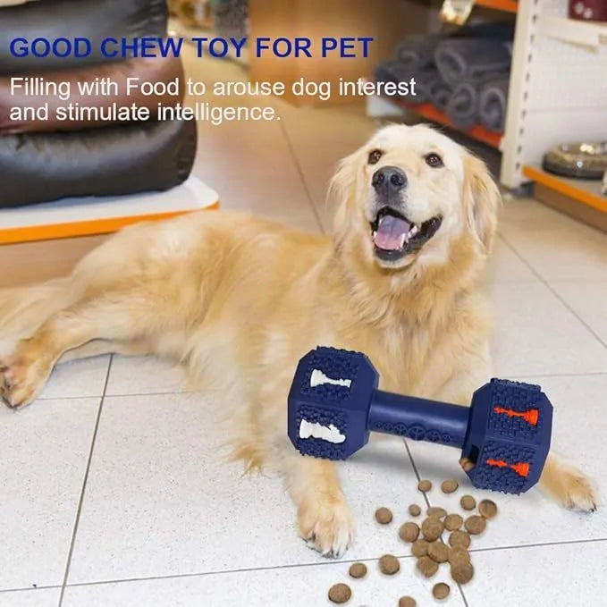 Blue hollow dumbbell-shaped dog chew toy with textured 3D surface particles.