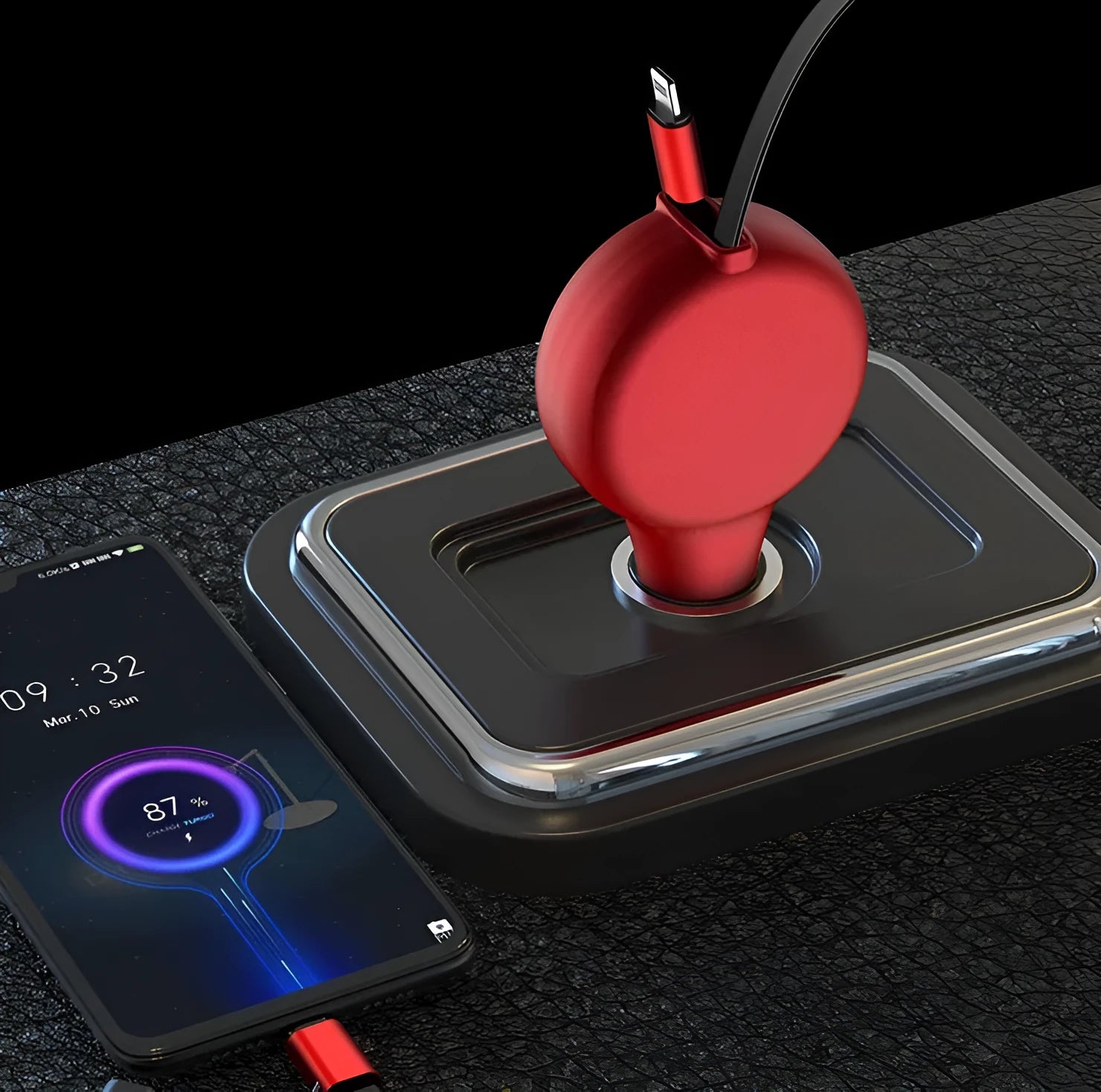 Black retractable car charger with extended cables showing three charging heads and USB port