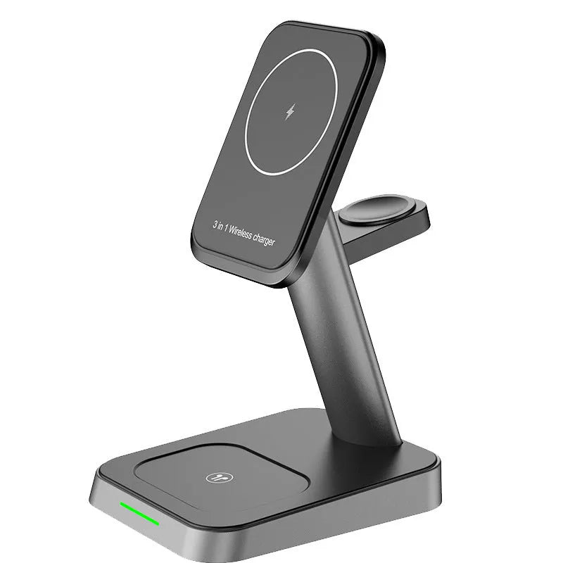 Black minimalist vertical wireless charging stand with integrated smartwatch pad and 10000mAh power bank.