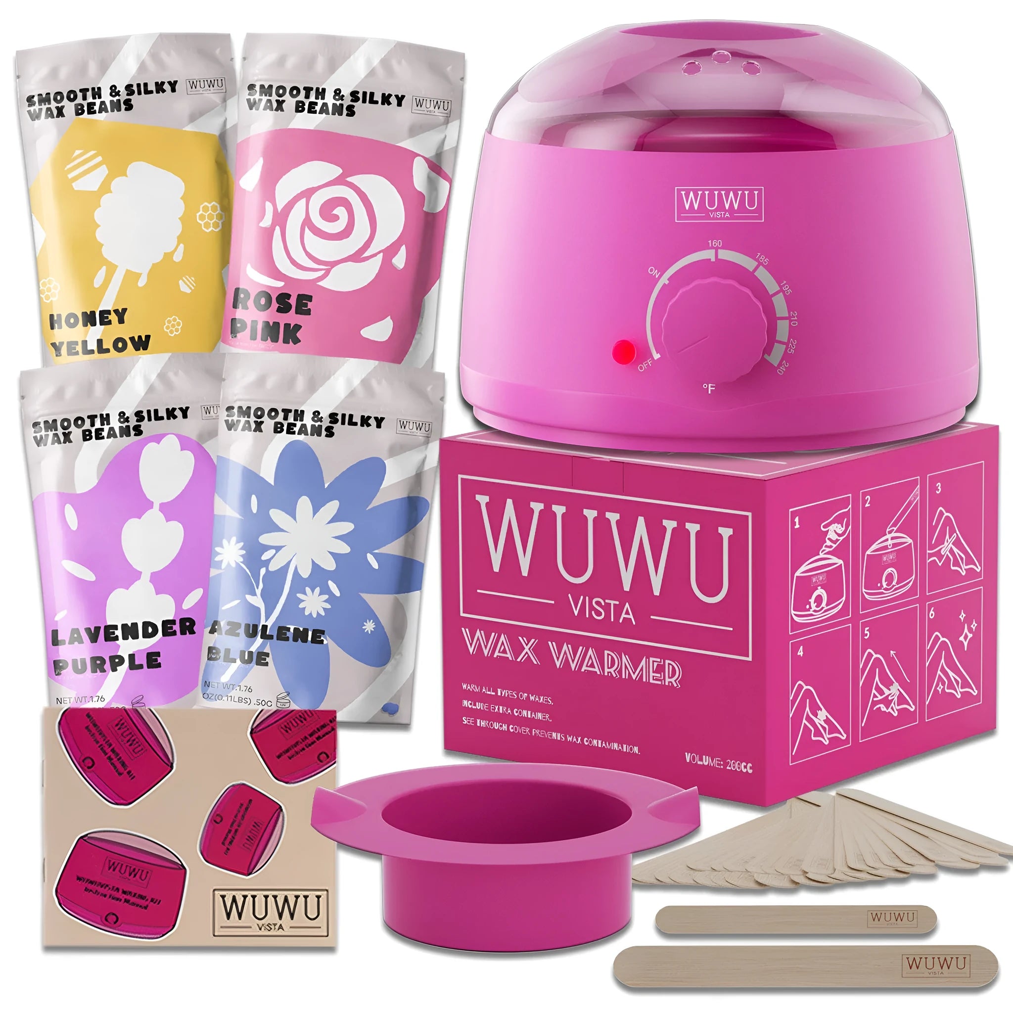 27 piece hair removal wax kit with electric warmer, four coloured wax beads, and applicator sticks