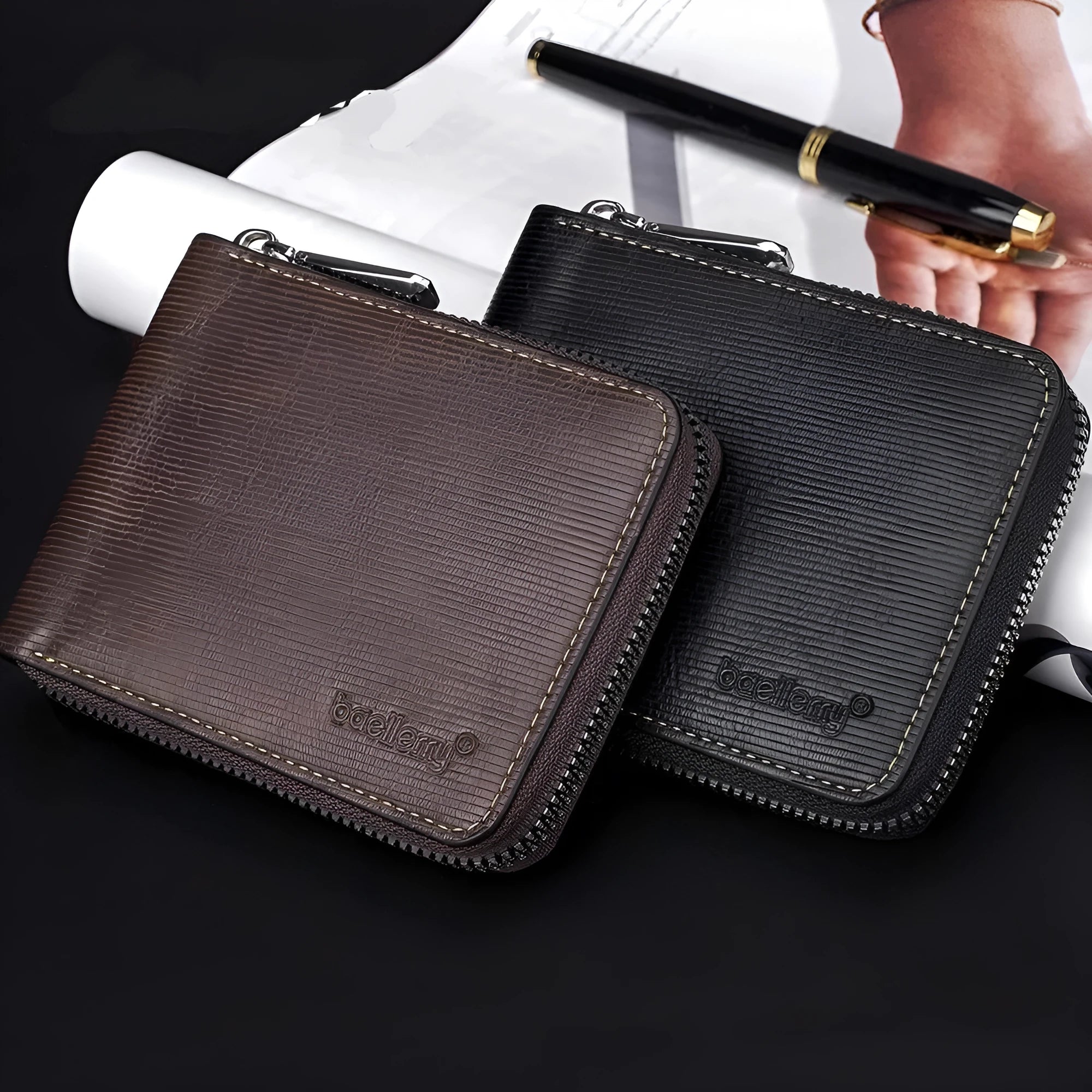 Leather anti-theft credit card zipper wallet with embossed pattern in black or brown colours