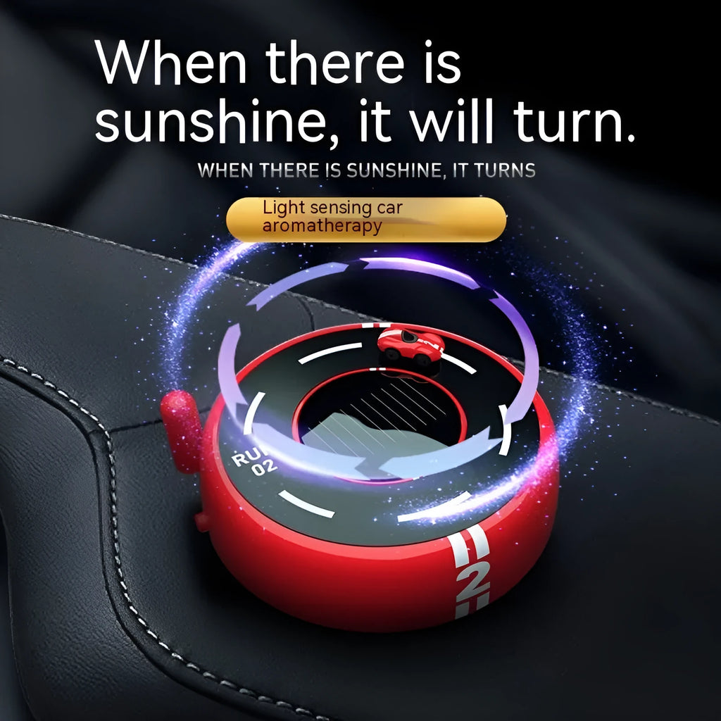 Solar-powered round car air freshener decorative device in black, red or white colour