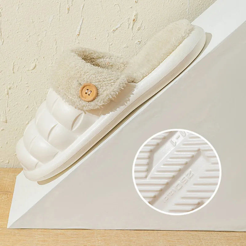Pink detachable EVA slippers with plush lining and a flat, round-toe design for women.