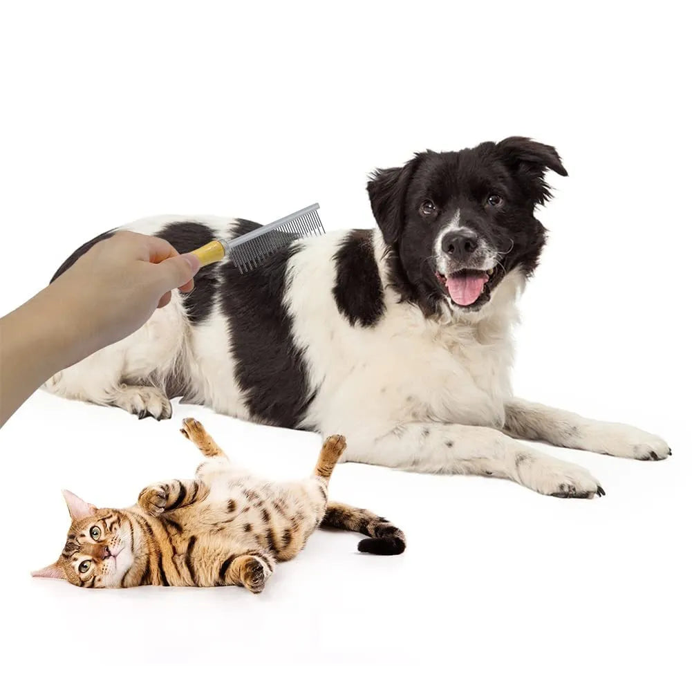 Wooden handle pet grooming comb for dogs and cats showing three comb head variations