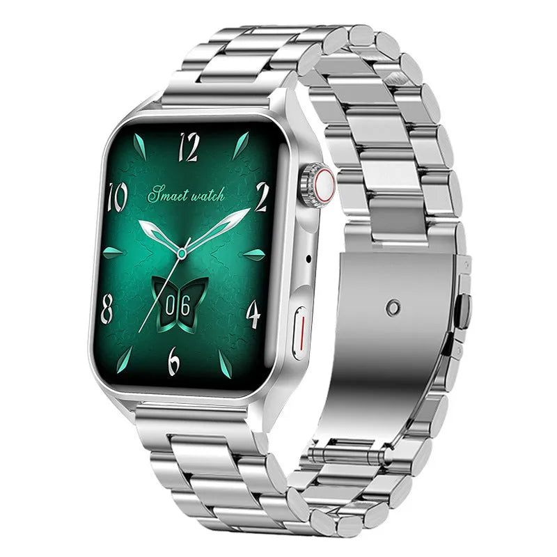 Smart watch with AMOLED screen showing multiple watch faces, NFC symbol visible, magnetic charger attached