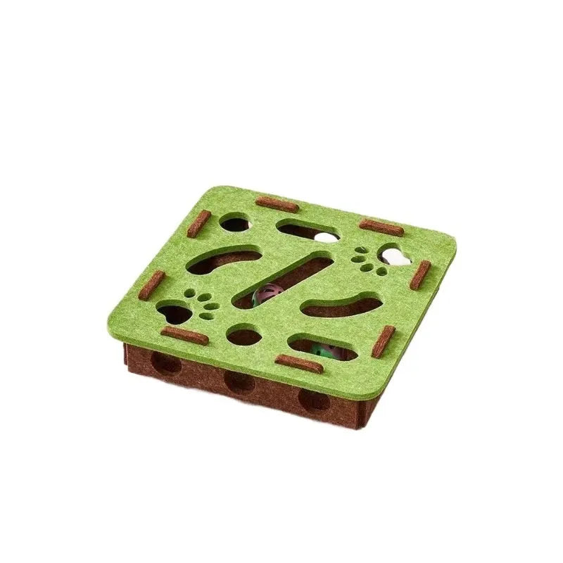 Square wool felt cat toy box with multiple cut-out holes in green brown colour