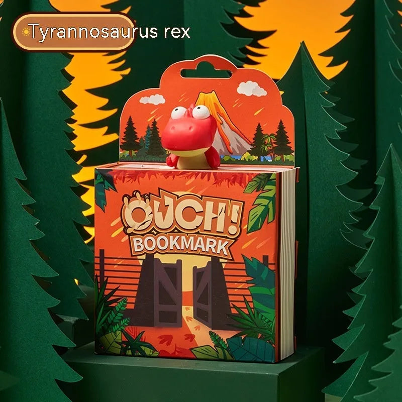 Dinosaur series bookmark with Tyrannosaurus rex, Triceratops, Stegosaurus, and Parasaurolophus animation-style illustrations