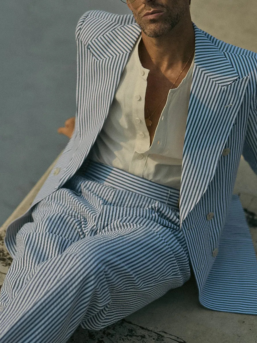 Blue and white striped polyester suit set including blazer and trousers for men