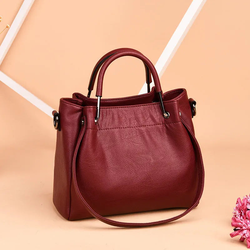 Korean fashion women's soft PU retro bucket handbag medium size solid colour with zipper closure