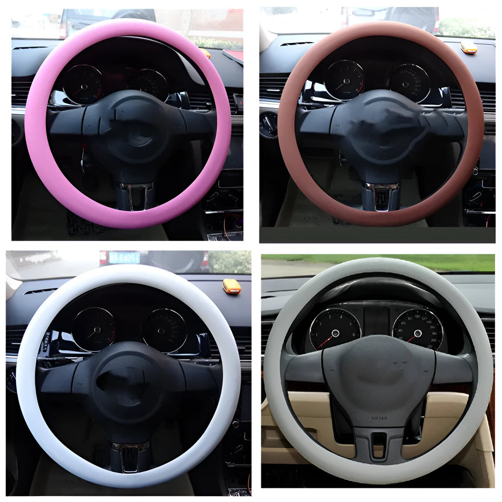 Anti-slip silicone steering wheel cover with round leather pattern in black for small cars, 32-40cm diameter