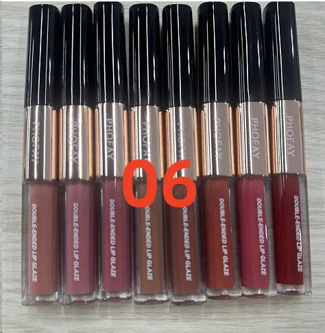 C-L021 double-head non-stick cup lip gloss tube showing two applicator tips and available in eight colours.