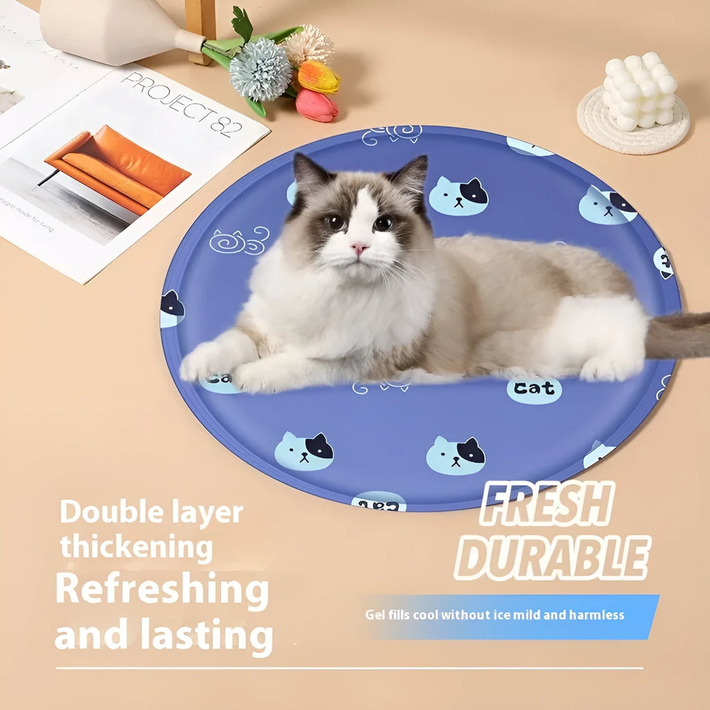 Round pet cooling mat with cartoon designs in beige bunny pattern showing cloth construction