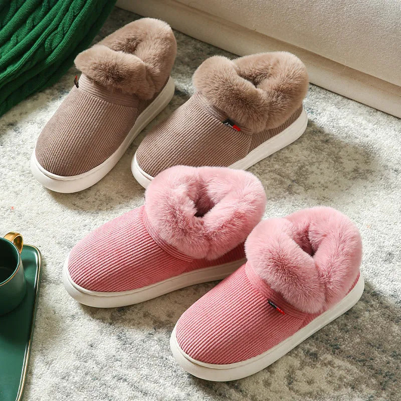 Winter plush corduroy house slippers for men and women with warm fleece lining in coffee colour