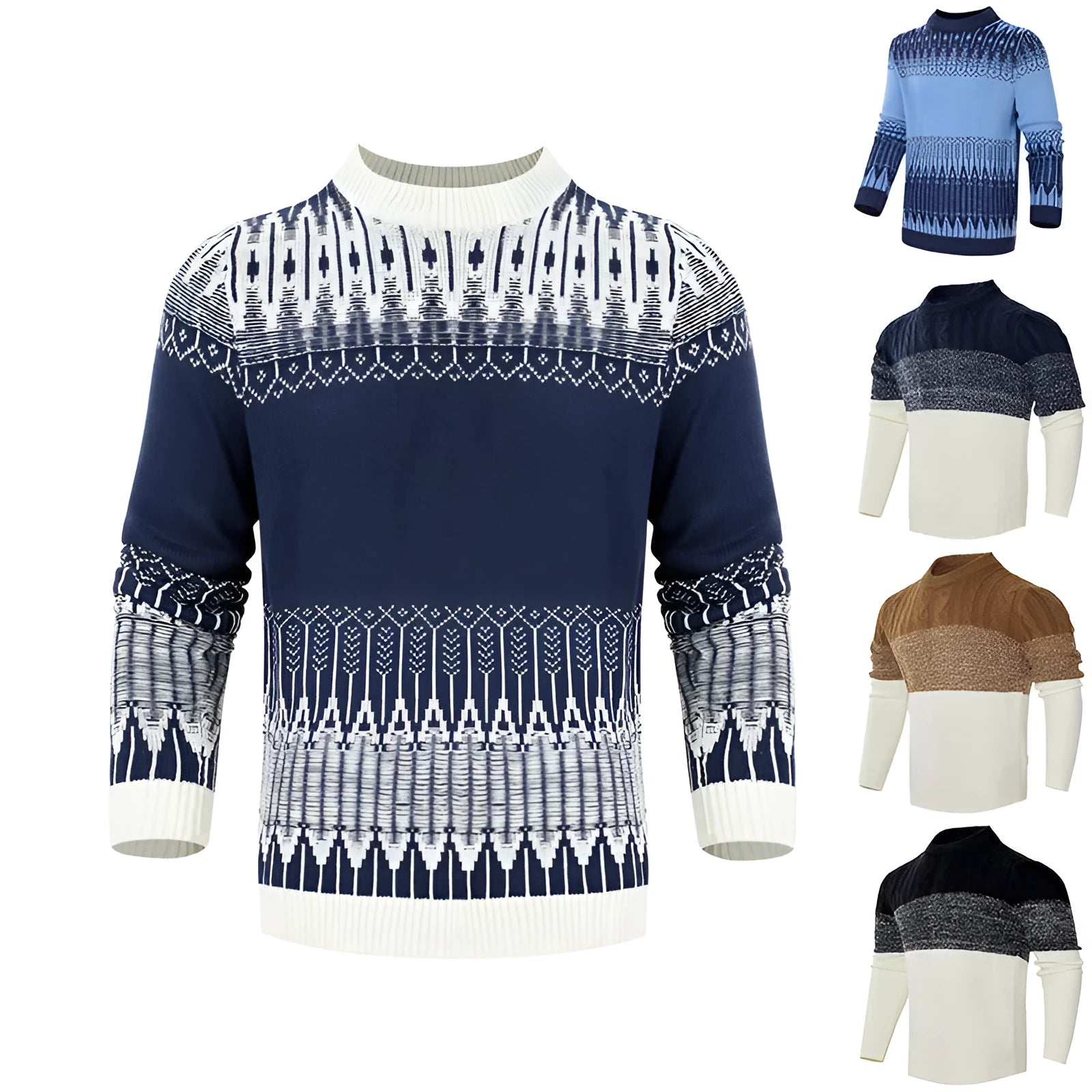 Men's grey knitted pullover sweater with ribbed cuffs and hem on hanger