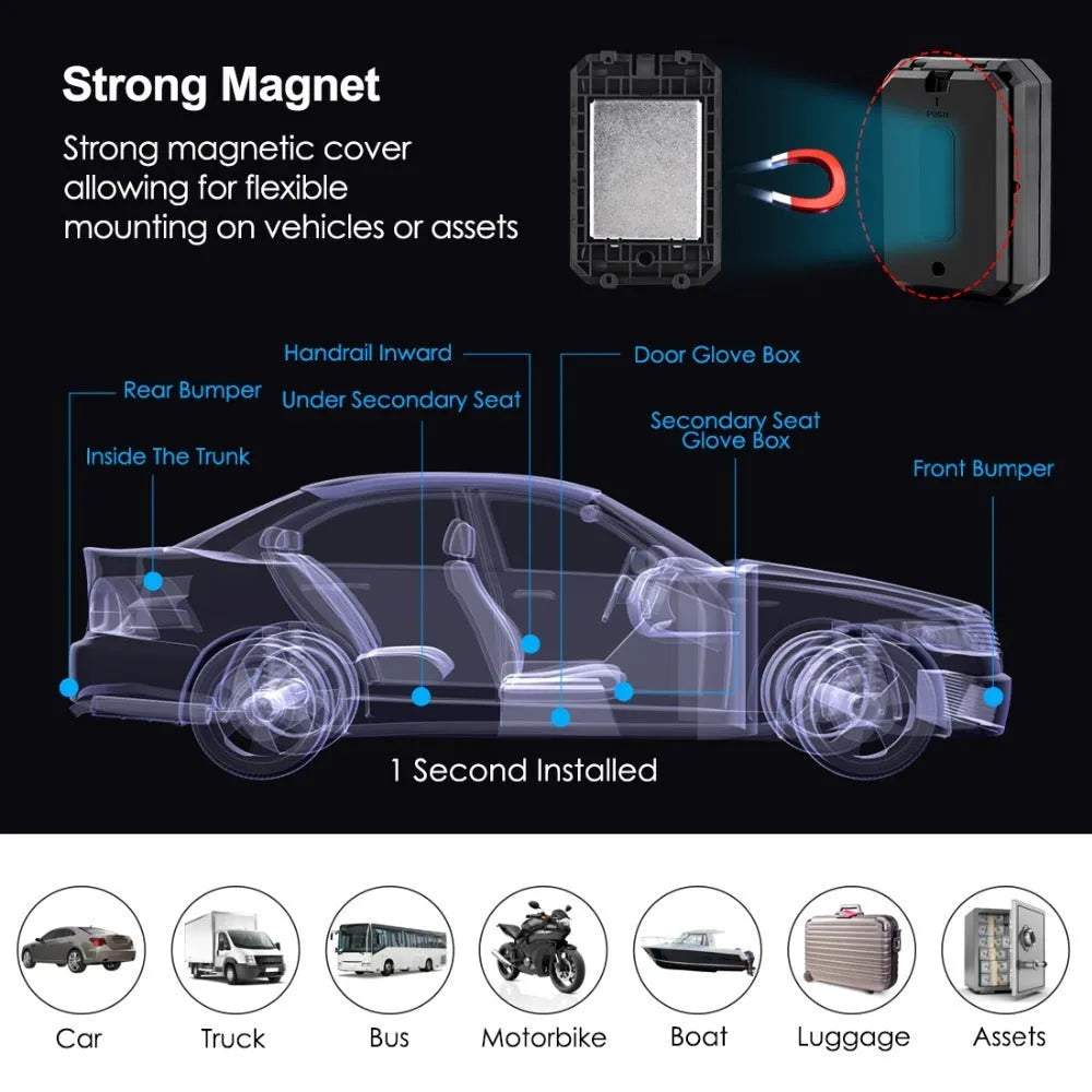 Black GPS car locator with 6000mAh battery and IP65 waterproof rating