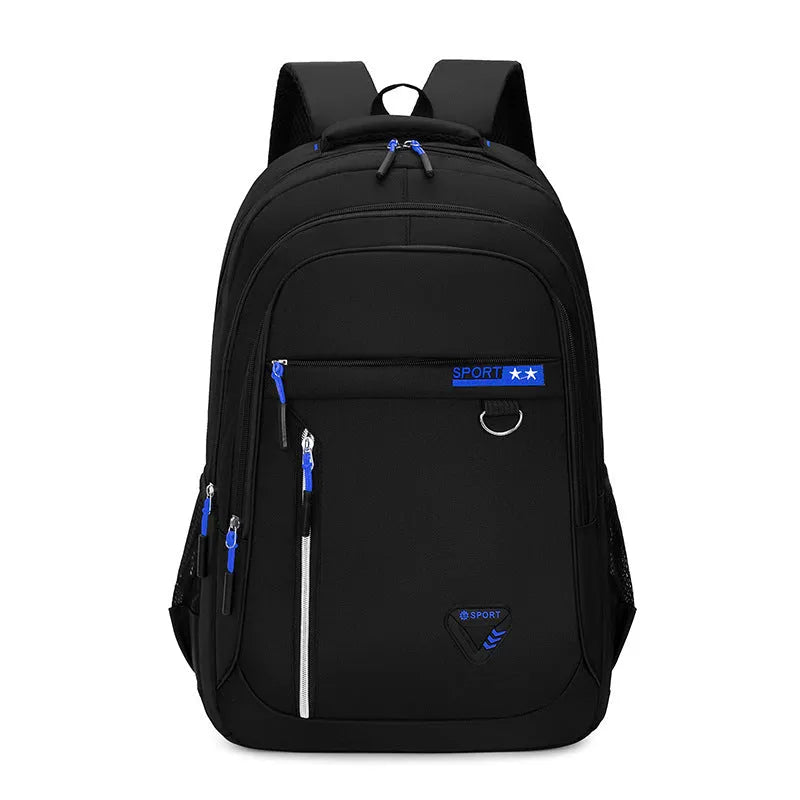 Men's Oxford cloth schoolbag in black with letter pattern, showing large capacity and air pillow shoulder straps.