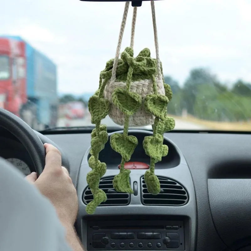 Green and white knitted wool car plant decoration hanging from a rope.