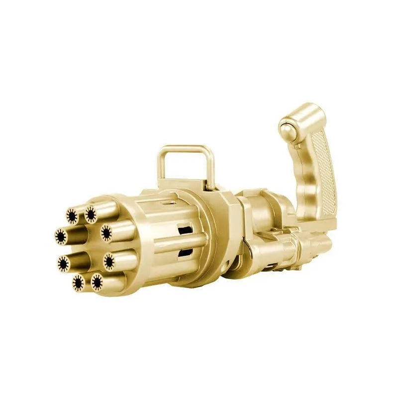 Children's bubble machine gun toy in pink, gold, or black colours with battery compartment and bubble solution.