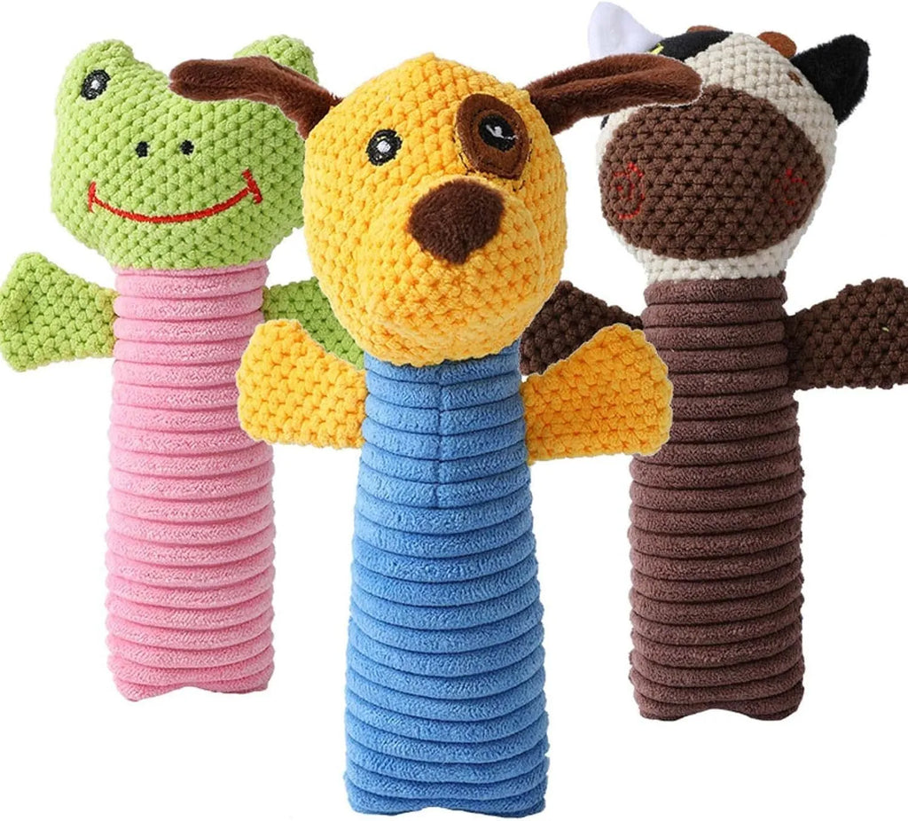 Squeaky stuffed animal dog chew toy measuring 19cm by 5cm for dental cleaning