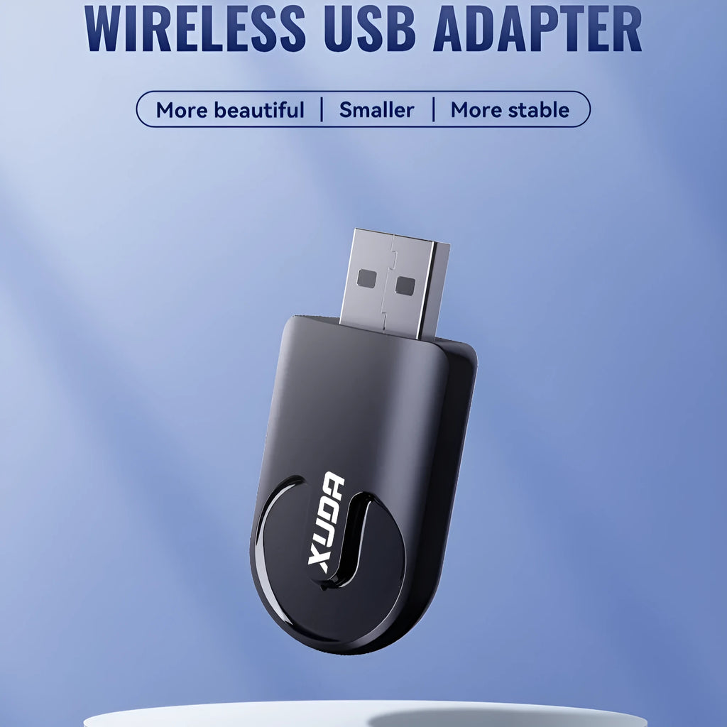 Black mini wireless CarPlay USB adapter showing compact 26×55×13mm dimensions with USB connector