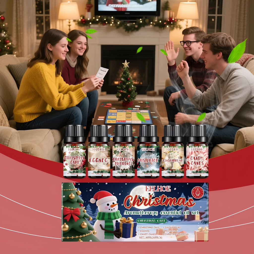 Christmas aromatherapy oil set showing six 60ml bottles with warm home fragrances