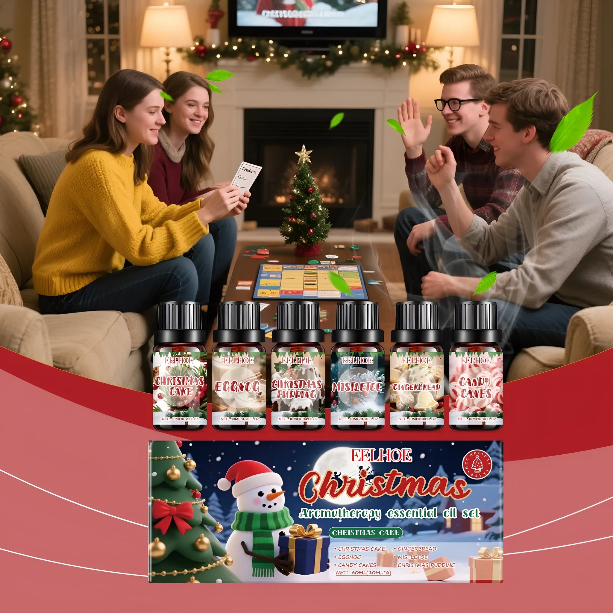 Christmas aromatherapy oil set showing six 60ml bottles with warm home fragrances