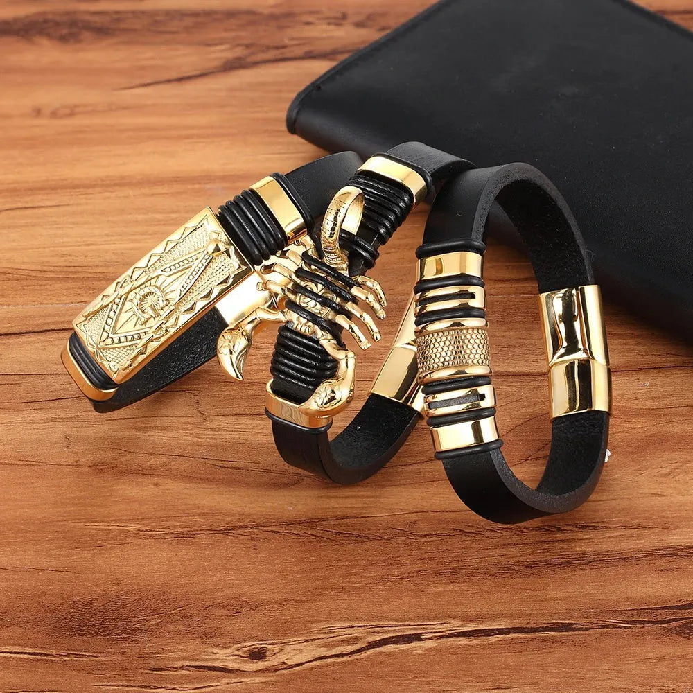 Titanium steel woven bracelet for men with scorpion geometric design, available in 19cm and 21cm sizes
