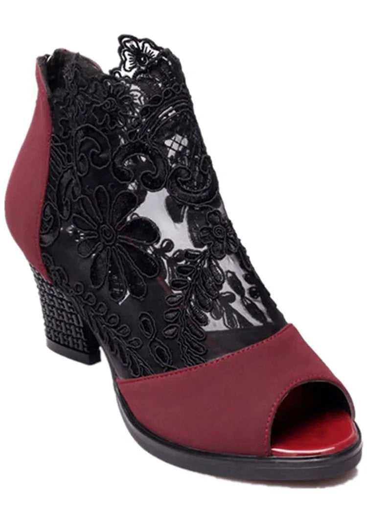 Lucyever women's black lace gladiator sandals with a square high heel, peep toe, and zip closure
