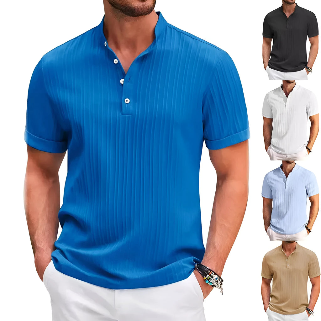 Men's stand collar short sleeve polo shirt in solid colour, loose fit, summer beach top