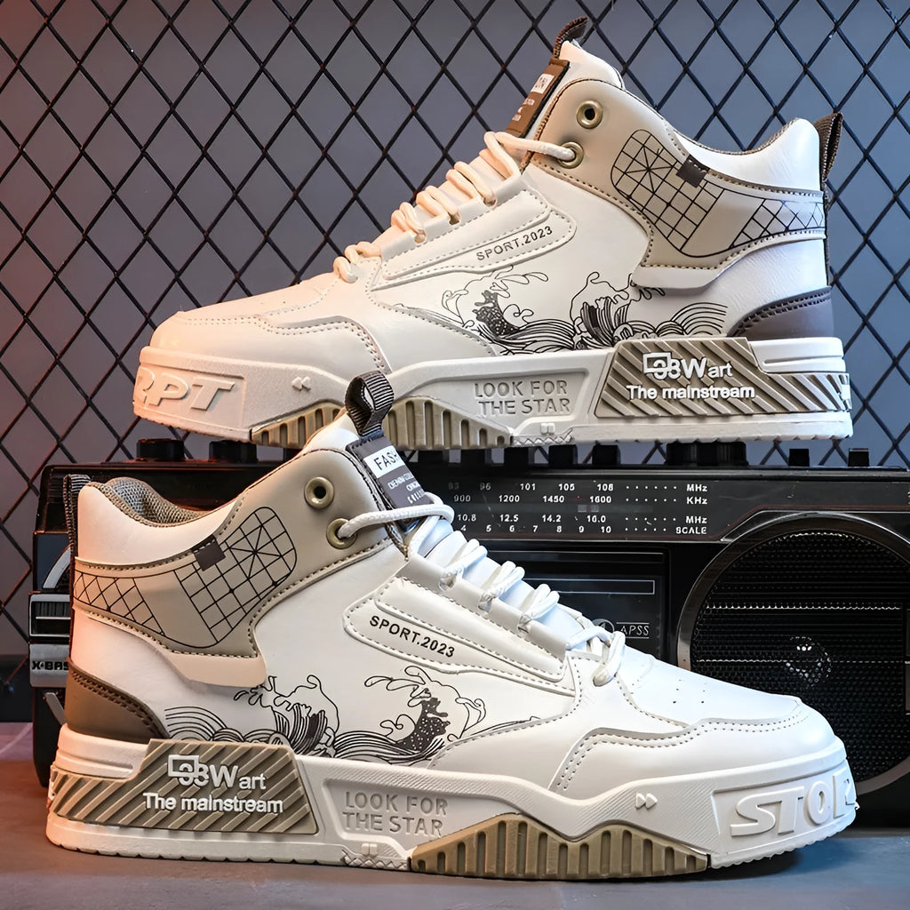 Men's beige high-top board shoes with white rubber sole and lace-up front.