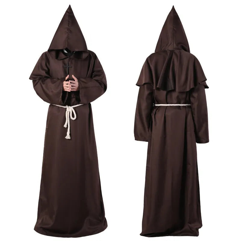 Medieval friar wizard monk costume in wine red colour, adult size, made from polyester fabric