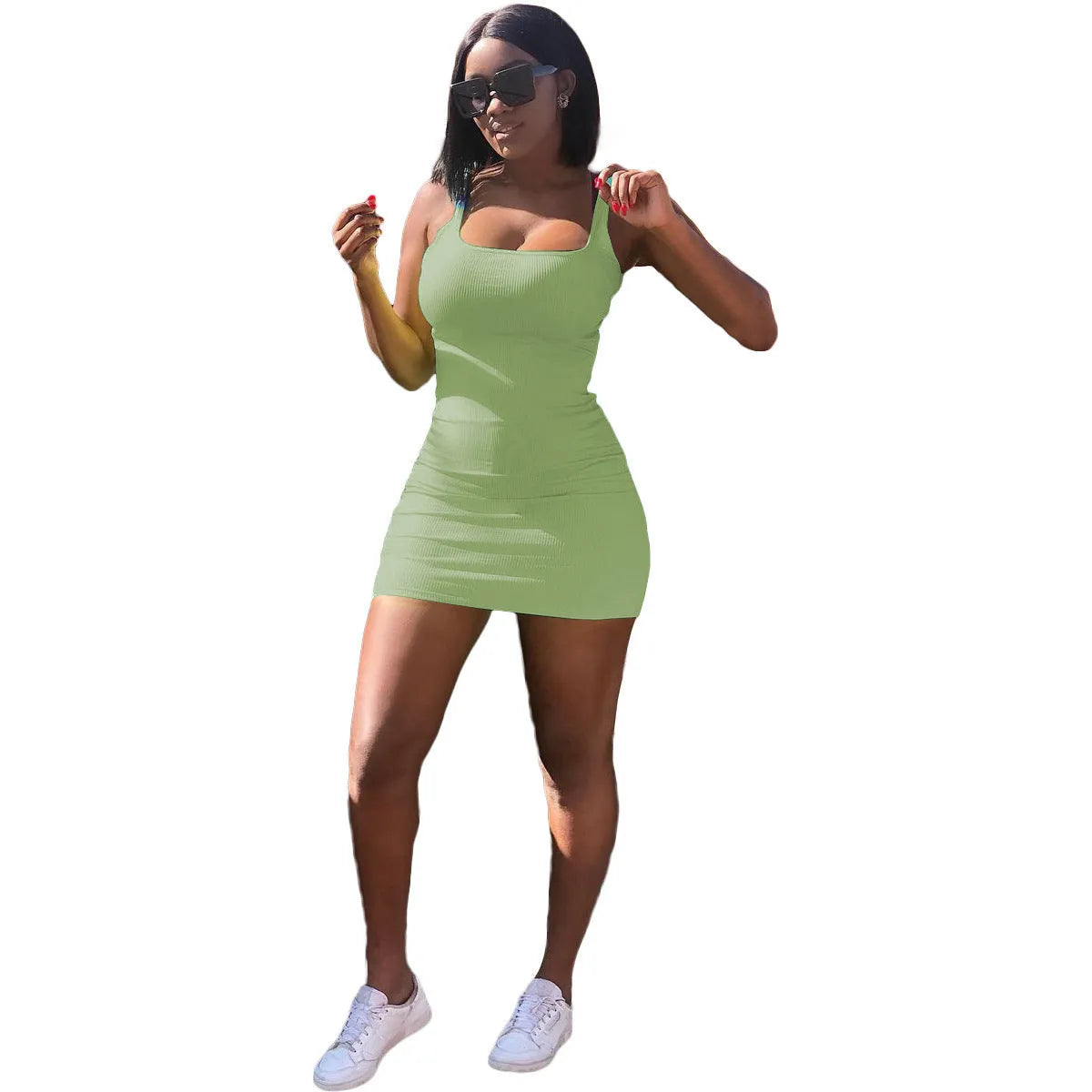 Women's casual dress with big U-neck and concave stripe pattern in sleeveless strap design