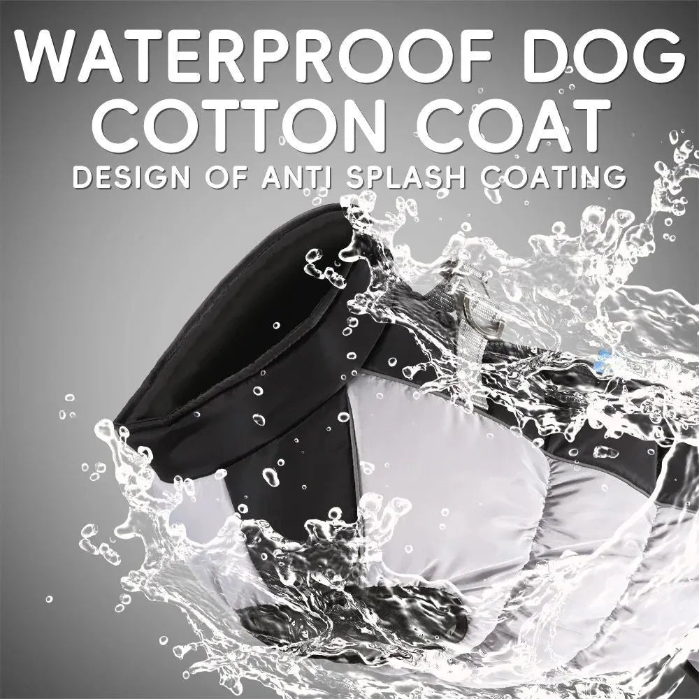 Waterproof dog jacket with built-in harness for large breed winter walks, available in multiple sizes and colours