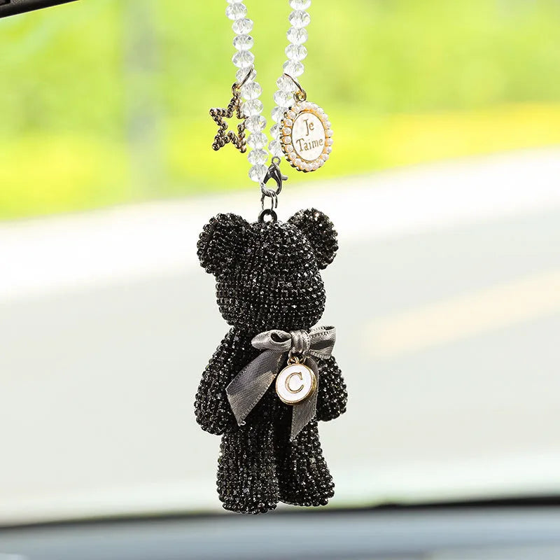 Diamond-embedded Violent Bear car rearview mirror pendant in crystal rhinestone.