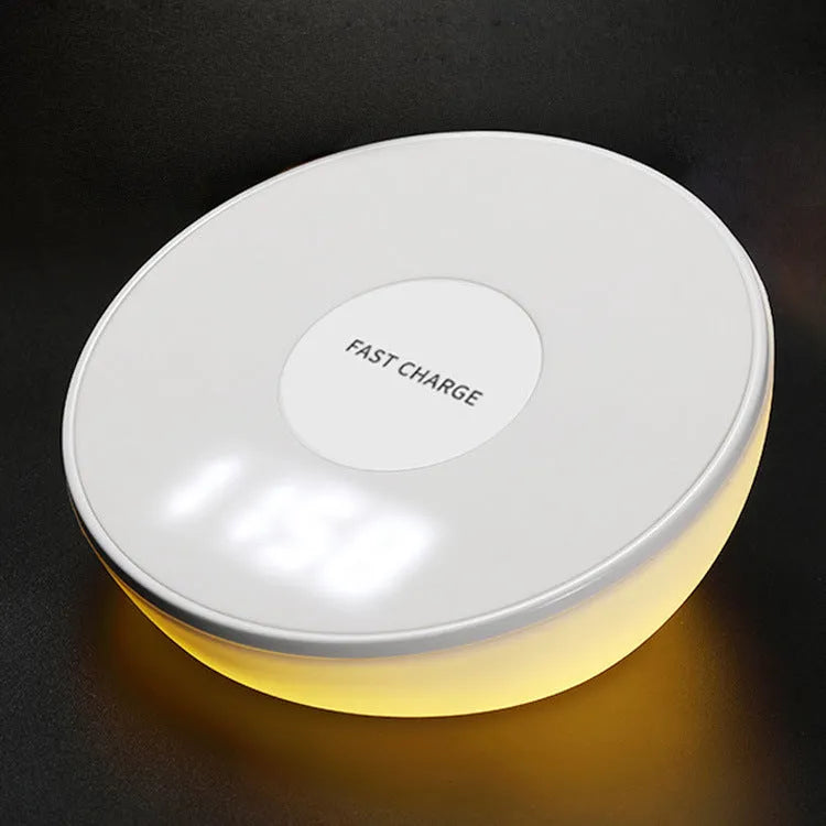 White 10W QI wireless charger with clock display and control buttons