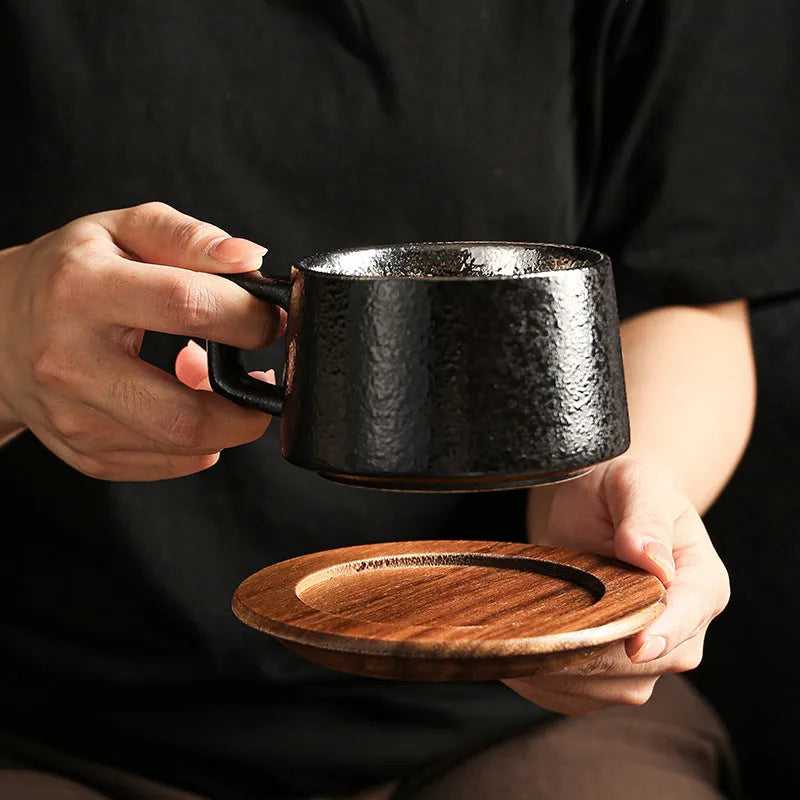 Ceramic coffee tumbler gift set with metal-plated gift box, approximately 250ml capacity, irregular shape