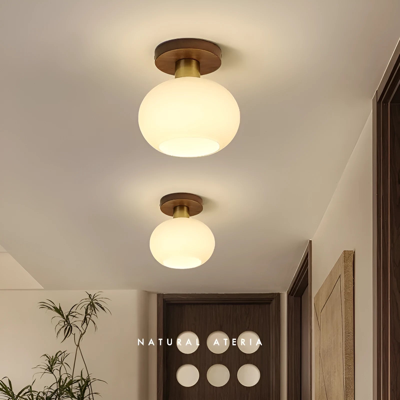 Chinese style simple light luxury walnut and brass ceiling lamp for corridor or balcony with three light colours