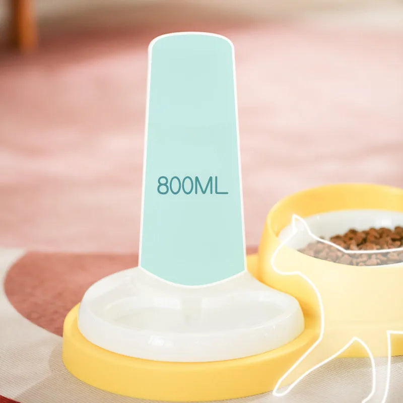 Grey pet double feeding bowl with neck protection and automatic water supply
