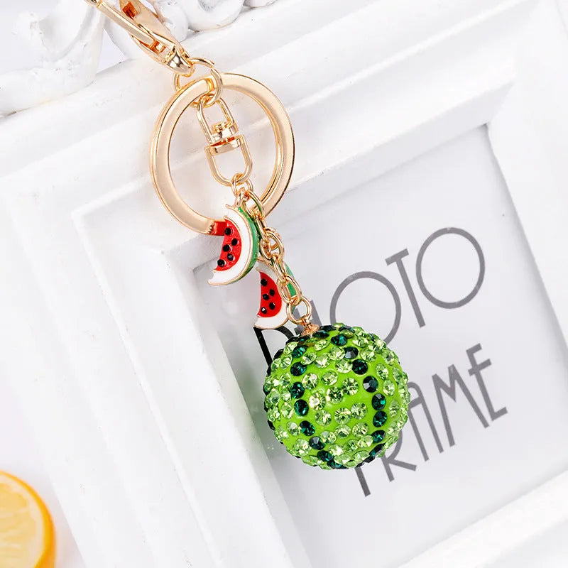 Green watermelon shaped metal keychain 12cm length with keyring attachment