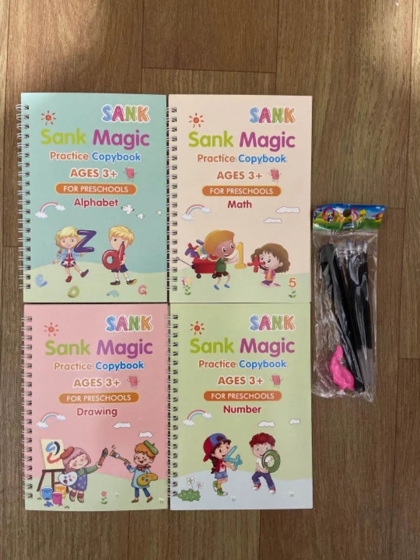 Four magic stylus clean writing practice books with slot design in white, grey and black colours