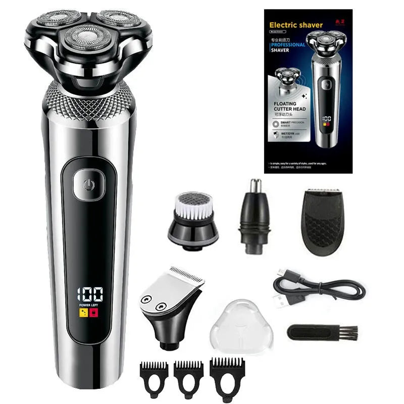 Digital display USB rechargeable beard scraper with washable floating cutter head on five-in-one base.