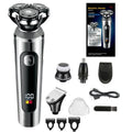 Digital display USB rechargeable beard scraper with washable floating cutter head on five-in-one base.