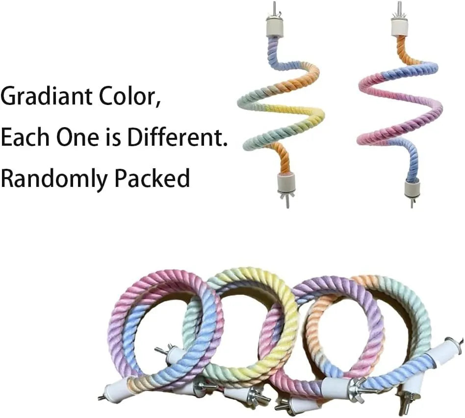 Gradient colourful bird rope perch stand with bendable shapes for small pet cage climbing and play